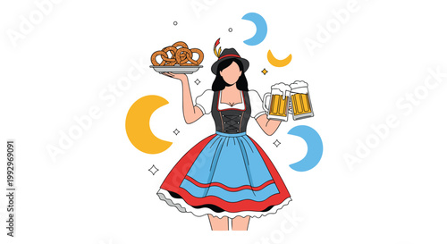 Woman in traditional Bavarian dirndl holding two beer mugs and a plate of pretzels for festive Oktoberfest celebration.