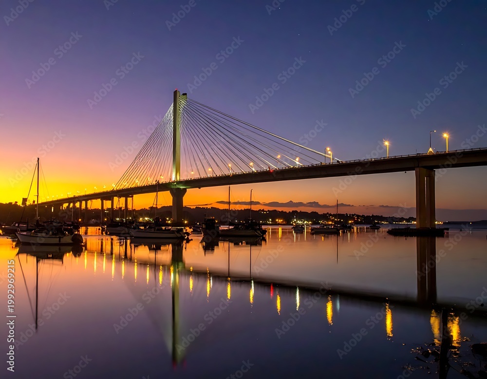 Fototapeta premium A serene bridge over a body of water at sunset