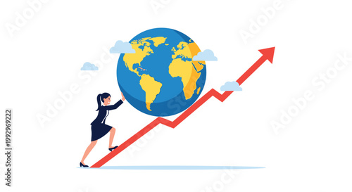 Businesswoman pushing large globe up rising red financial graph representing global growth and international market success.