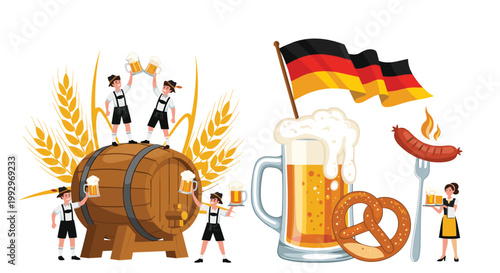 Traditional Oktoberfest celebration featuring people in lederhosen with beer barrel, pretzels, sausages, and German flag.