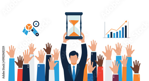Successful businessman holding large hourglass above crowd of raised hands representing time management and leadership.