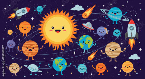 Educational illustration of solar system featuring cute personified planets, sun, rockets, and asteroids with faces.