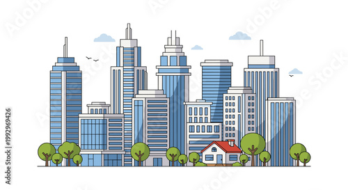Modern city skyline filled with blue glass skyscrapers and tall office buildings featuring one small traditional residential house.