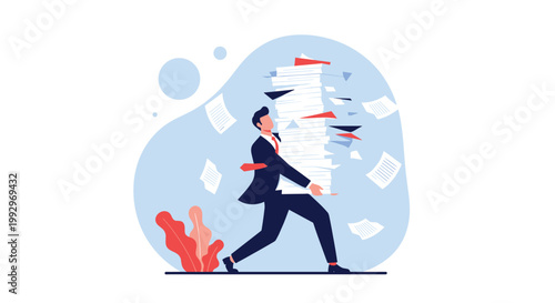 Overworked businessman struggling to carry a massive stack of paperwork and documents while papers fly around him in the air.