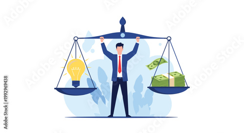 Professional businessman balancing a glowing lightbulb representing an idea and stacks of cash on a scale to weigh value.