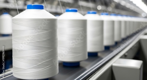 White Thread Spools on a Production Line in a Textile Factory.