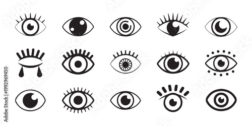 Large collection of stylized eye icons with various lash details pupil patterns and crying expressions vector.