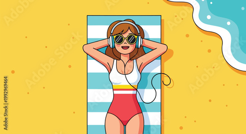 Sunbathing woman on sandy beach listening to music flat vector illustration