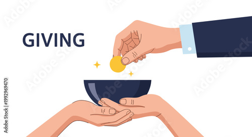 Human hand dropping a gold coin into a bowl held by another person as a sign of charity and giving for a noble cause.