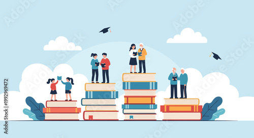 Diverse group of people including children and seniors standing on tall stacks of books while reading to represent lifelong learning.
