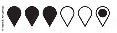 Set of black map pins in flat and outline style, gps navigation symbol, various location pointers.