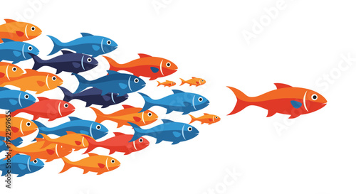 Leading red fish swimming ahead of a school of blue and orange fish demonstrates leadership, individuality, and direction in life.