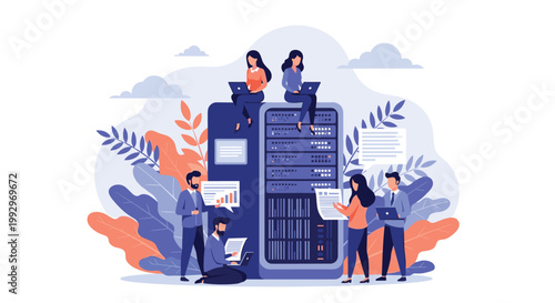 Technical team managing and monitoring data on a giant server rack symbolizes cloud computing and modern network infrastructure.