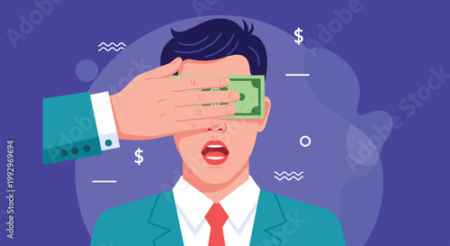 Person being blinded by money with a hand covering his eyes using a dollar bill representing greed or corruption.