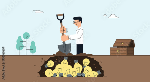 Creative man digging a hole in the ground to find glowing light bulbs as a metaphor for discovering new and brilliant ideas.