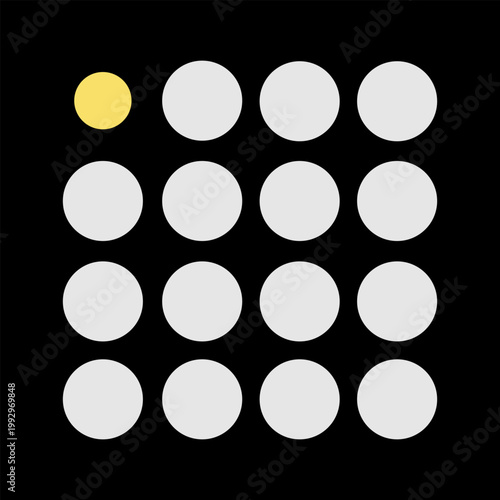 Gray circles on a black background. Yellow circle in the upper left corner.