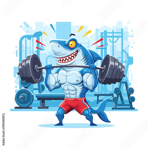 Muscular Shark Mascot Lifting Heavy Barbell Cartoon Gym Illustration