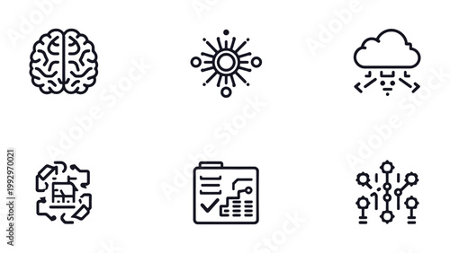 Digital Icons of Innovation: Illustrative array of tech icons with brain, circuit, folder, cloud, data, and connection, perfect for symbolizing cutting-edge concepts in the digital realm.