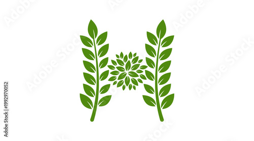Monogram H formed by symmetrical green leaves, symbolizing growth and nature's elegance