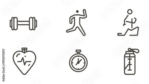 Fitness Icons Collection: Minimalist line icons capturing the essence of a healthy lifestyle, representing various aspects of fitness, from exercise to hydration.