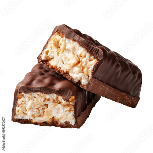 Chocolate snack protein energy fitness bar with nut cereal filling isolated on white background concept of sweet treat