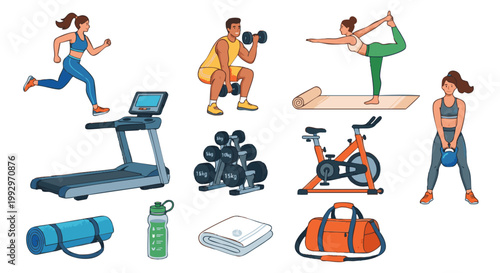 Diverse Gym Equipment Icons and People Training Illustration