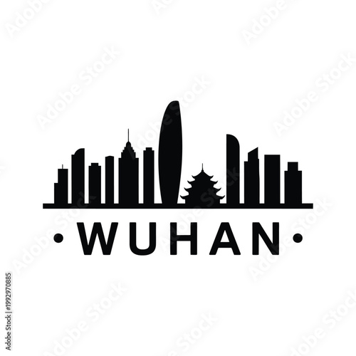 Wuhan skyline silhouette with prominent buildings and city name display