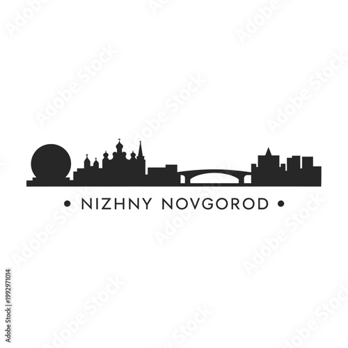 Silhouette of nizhny novgorod skyline with text below the cityscape