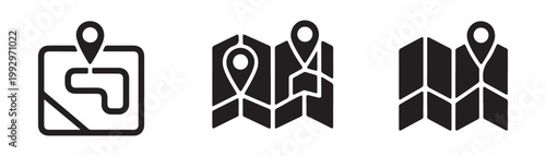 Set of black map icons with location pin and various route designs, navigation and travel symbols.