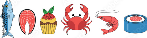 Seafood icons set with fish salmon sushi shrimp crab and cupcake colorful food vector illustration