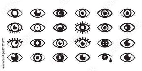 Diverse selection of eye graphic symbols with intricate and minimalist designs for creative projects.