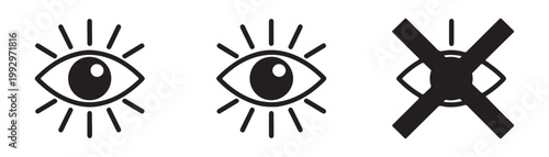 Set of black eye icons with sun rays and prohibition symbol for security and visibility concept design vector.