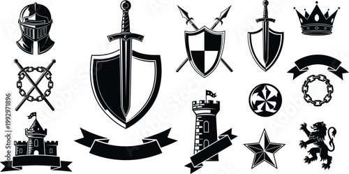 Vector Set of Medieval and Knight Icons, Featuring Shields, Swords, Crowns, Castles, Lions, and Chain Symbols for Heraldry and Historical Designs