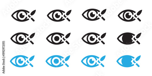 Eyeball icons with brush stroke elements in black and blue colors for retouching and design concept vectors.