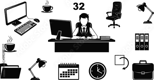 Vector Set of Office Workspace Icons, Featuring Desk, Computer, Coffee, Calendar, Clock, Chair, Lamp, and Briefcase for Business and Professional Designs
