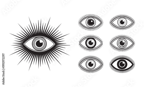 Esoteric eye of providence icons with radial rays and detailed iris patterns for mystical or vintage design.