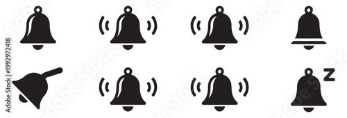 Notification bell icon set featuring different ringing signals and snooze mode for user scheduling.