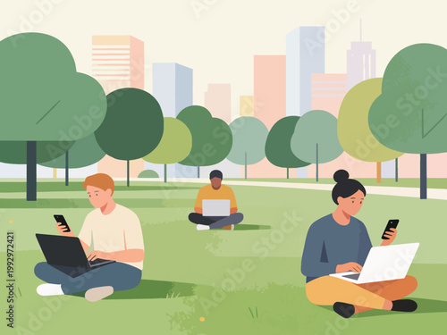 Illustration of people working on laptops and using smartphones while sitting in a park with a city skyline in the background.