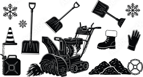 Vector Set of Snow Removal and Winter Tools Icons, Featuring Snow Shovel, Snowblower, Ice Boots, Gloves, Gas Can, and Snowflakes for Winter Maintenance and Safety Designs