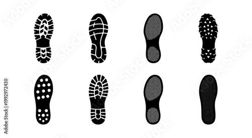 Shoe footprint vector icons set, black boot sole tread patterns, 8 footwear track silhouettes for forensic investigation and outdoor hiking design