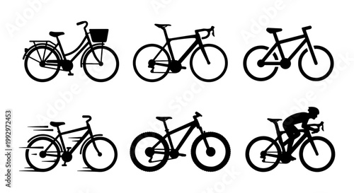 Bicycle silhouette collection with 6 vector icons, mountain bike and road cycling symbols, city commuter and racing bicycle set for sports design