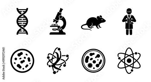 Scientific laboratory research icons set, biology and chemistry experiment symbols, 8 black vector silhouettes for biotechnology and medical science