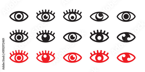 Set of black and red eye icons with various styles of eyelashes and pupils, isolated on transparent background.