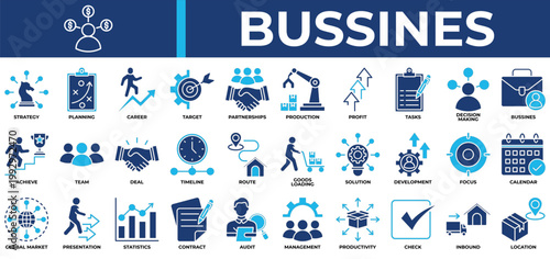 Bussines icon set collection. Containing achieve, statistics, evolution, corporation, profit, decision, employment .Solid vector icons collection