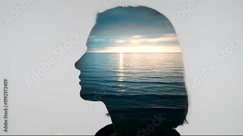 Silhouette of a Person's Head with Ocean Sunset Reflection