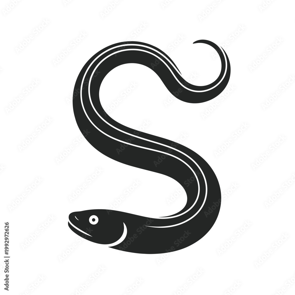 Obraz premium A stylized black and white illustration of a moray eel forming an s shape