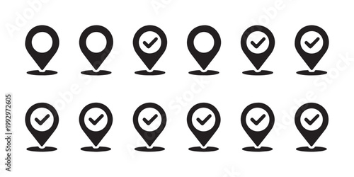 Collection of black location pin icons with check marks, in various styles and shapes, isolated on transparent background.