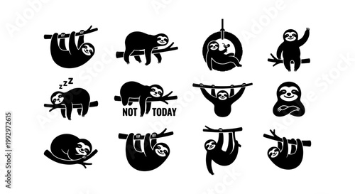 Sloth silhouette vector icon set, black sloth characters in various poses, funny lazy animal collection for stickers and t-shirt design