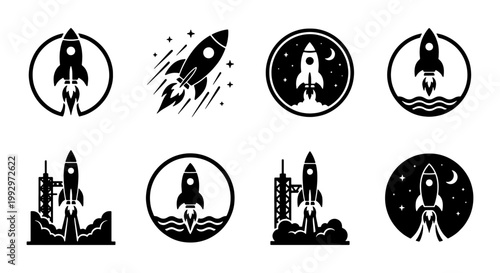 Minimalist rocket ship icon set, black and white space shuttle launch symbols, 8 vector startup business logos, cosmic exploration badges