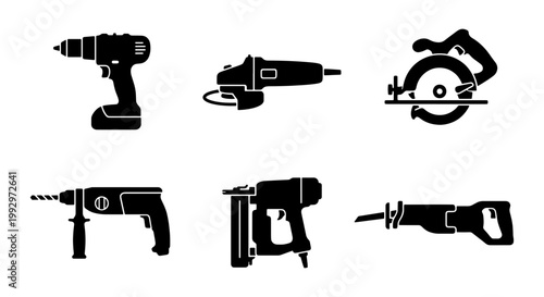 Industrial power tools icon set, black silhouette construction equipment vectors, professional carpentry and masonry electric tool collection for hardware store branding